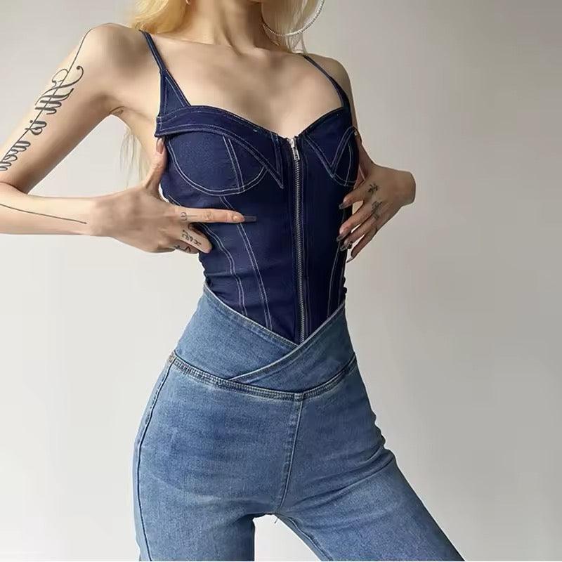 Fermuar Detaylı Mavi Denim Body