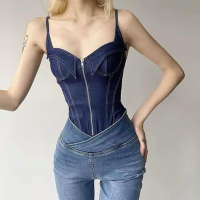 Fermuar Detaylı Mavi Denim Body