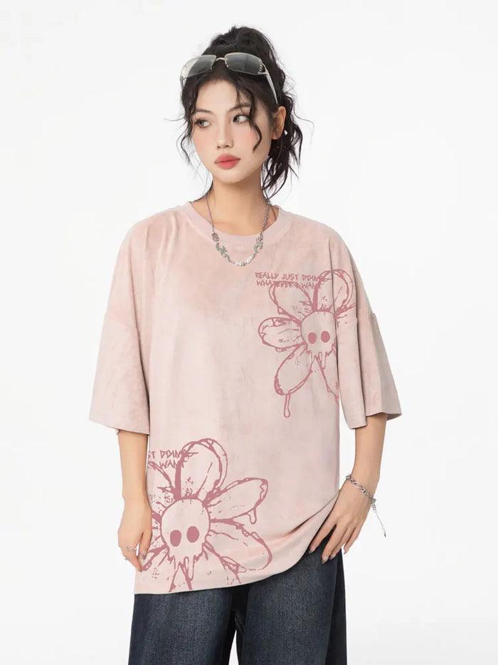 Kafatası Çiçek Oversize Tasarım T-Shirt